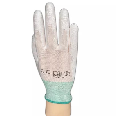 โรงงานอิเล็กทรอนิคส์สีขาวถัก 13G ทำงานถุงมือเคลือบ PU ป้องกันไฟฟ้าสถิตย์ ESD