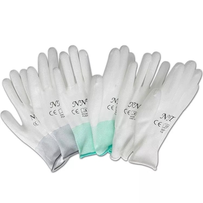 โรงงานอิเล็กทรอนิคส์สีขาวถัก 13G ทำงานถุงมือเคลือบ PU ป้องกันไฟฟ้าสถิตย์ ESD