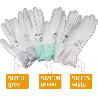 โรงงานอิเล็กทรอนิคส์สีขาวถัก 13G ทำงานถุงมือเคลือบ PU ป้องกันไฟฟ้าสถิตย์ ESD