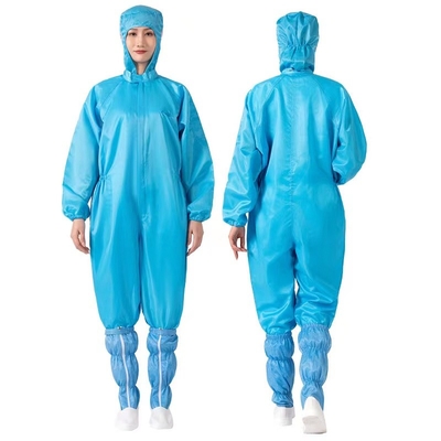 ไฟเบอร์นำไฟฟ้าป้องกันไฟฟ้าสถิตย์โดยรวม ESD Unisex Overcoat Cleanroom Suit