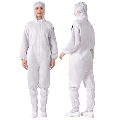 ไฟเบอร์นำไฟฟ้าป้องกันไฟฟ้าสถิตย์โดยรวม ESD Unisex Overcoat Cleanroom Suit