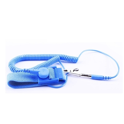 สายรัดข้อมือ ESD ป้องกันไฟฟ้าสถิตสีน้ำเงินปรับได้ PVC พร้อมสายคอยล์