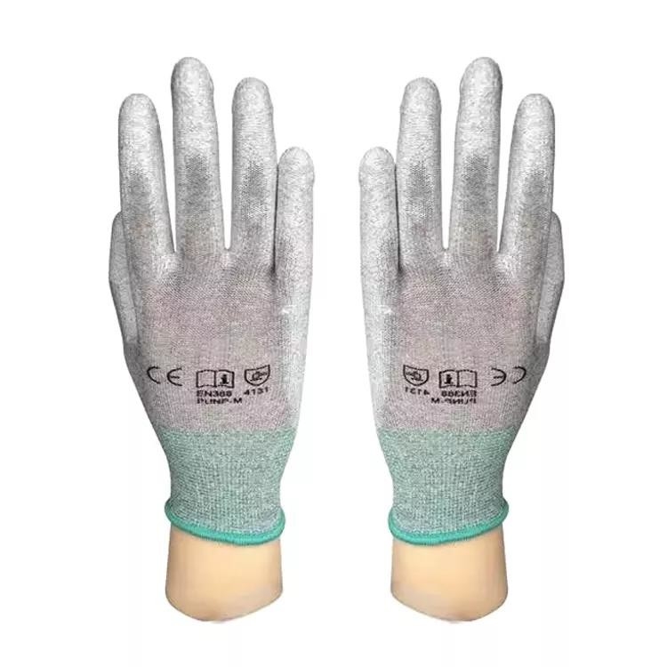 ถุงมือเคลือบปู่เคลือบด้วยเกจ 13 เกจ ESD ป้องกันไฟฟ้าสถิตย์คาร์บอนไฟเบอร์ Finger Men ถุงมือก่อสร้าง