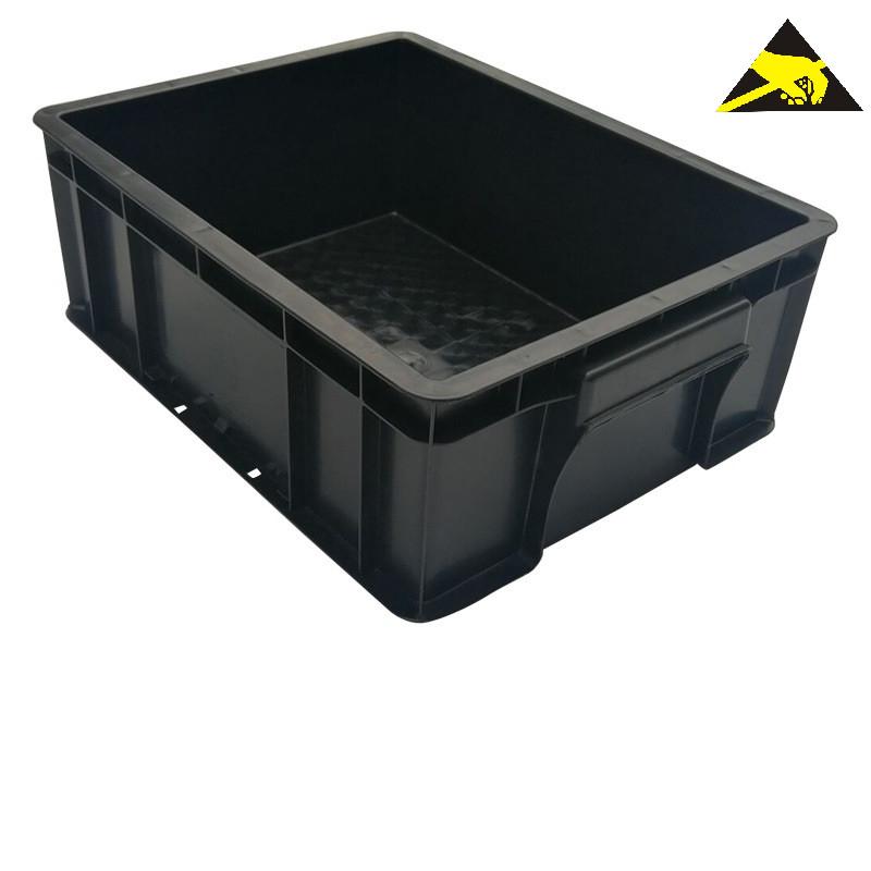 Esd กล่องพลาสติก Cleanroom พลาสติกสีดำการไหลเวียนโลหิตตู้เซฟ Esd Pcb ถาด Esd Stackable Bins สำหรับ Anti-Static Protection